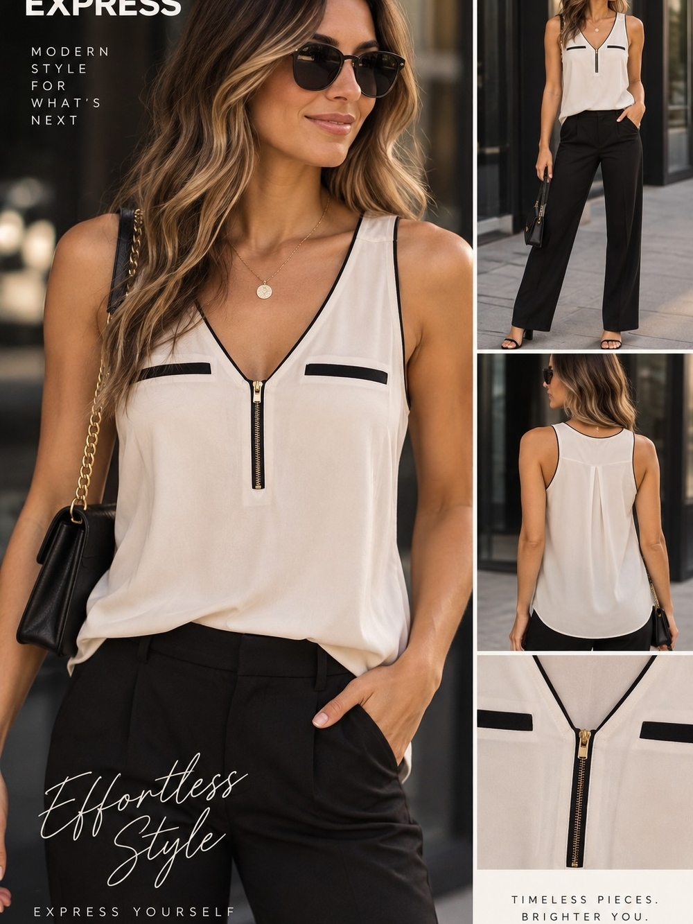 Express Cream Sleeveless V-Neck Top with Black Trim & Gold Zipper